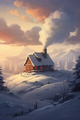 small house with smoke coming out of the chimney nestled in a snowy landscape  AI generated illustration