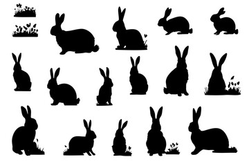 Easter bunny silhouettes isolated on white background. Set different silhouettes bunnies for use in design. Vector illustration of animals