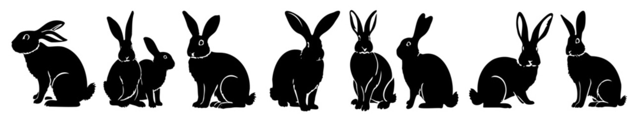Easter bunny silhouettes isolated on white background. Rabbit and Hare collection vector illustration of animals