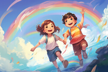 Obraz na płótnie Canvas children playing happily on rainbow background