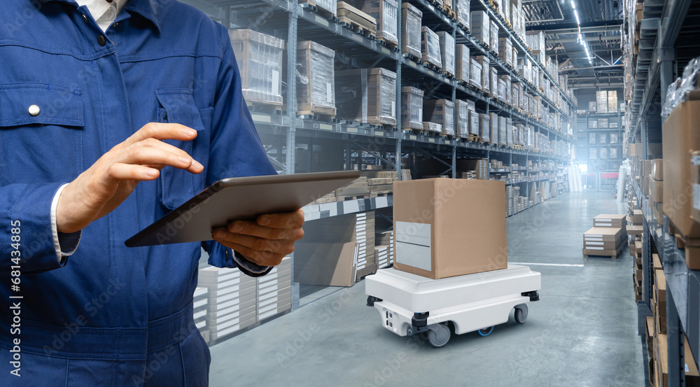 Poster warehouse manager with digital tablet controls robot with a package. unmanned delivery concept.