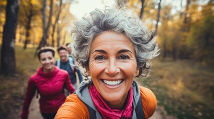 woman jogging in park. old woman and friends Forest, running wellness, outdoor challenge or hiking...