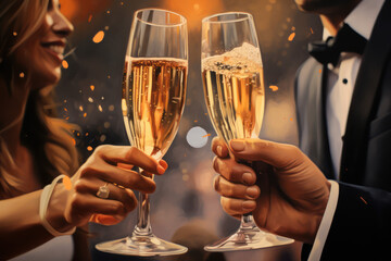 Celebration toast with champagne on festive eve background. Celebrating Christmas or New Year