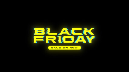 Black Friday glitch banner. Yellow Black Friday text with glitches and distortions. Cyberpunk style web banner for advertising. Cyberpunk promo design.