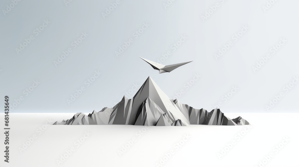 Poster solitary paper plane constructed digitally in a style soaring against a white backdrop ai generated 