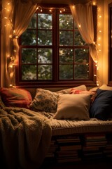 soft-lit reading nook filled with plush pillows  AI generated illustration