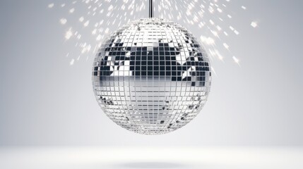 sparkling  disco ball rotating suspended in white space  AI generated illustration