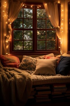 soft-lit reading nook filled with plush pillows  AI generated illustration