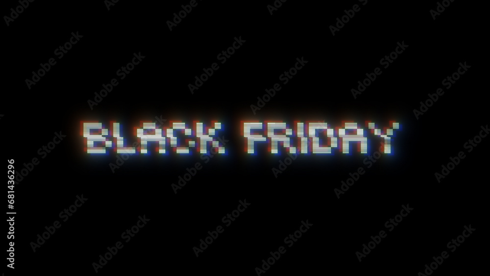 Poster black friday pixel banner with glitch effect. web 8 bit banner for black friday sales with distortio