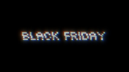 Black Friday pixel banner with glitch effect. Web 8 bit banner for Black Friday sales with distortion effect. Digital sales. Design for advertising on websites.