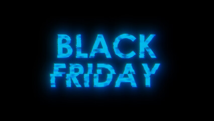 Black Friday glitch banner. Blue Black Friday LED text with glitches and distortions. Cyberpunk style web banner for advertising. Cyberpunk promo design.