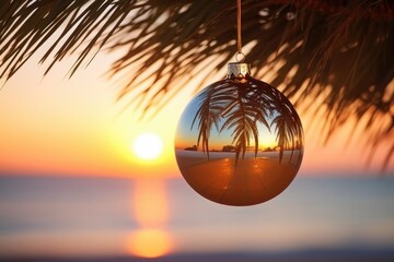 Christmas Ball hanging on a Palm Tree Branch. AI Generated - obrazy, fototapety, plakaty