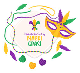 Mardi Gras carnival. Plate with carnival mask, beaded necklaces, feathers and candies. Isolated Vector illustrations in cartoon style.