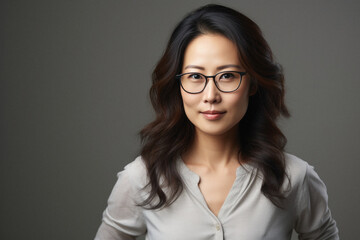 Portrait of a beautiful mature Asian businesswoman wearing glasses on grey background.