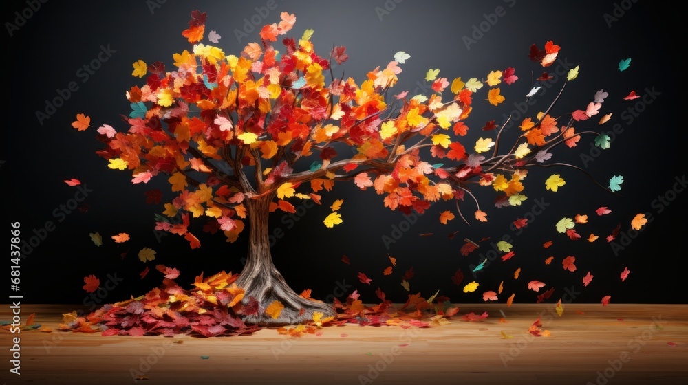 Poster three-dimensional model of colorful autumn leaves falling from a tree ai generated illustration
