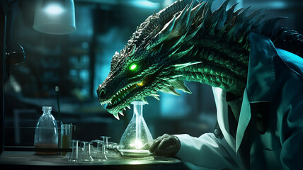 Scary oriental fairy tale mystical dragon scientist works in a scientific laboratory - obrazy, fototapety, plakaty
