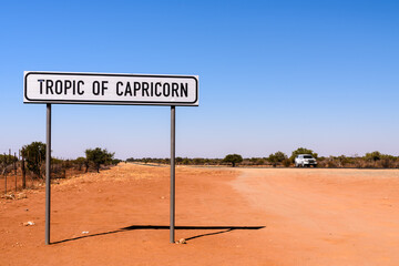 Road sign at the tropic of capricorn  on the road from Windhoek to Rehoboth, Namibia.