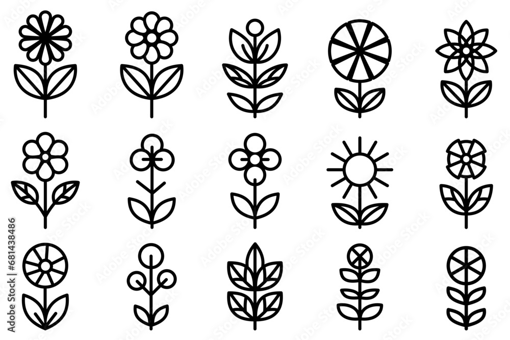 Wall mural flower icons set. linear flower icons in flat style. wildflowers and plants. - Wall murals