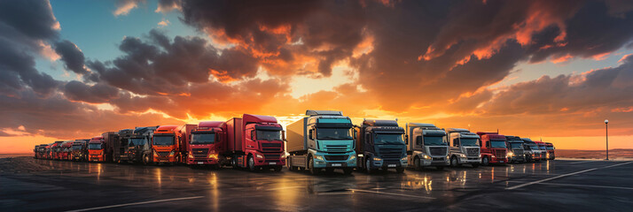 A row of semi trucks parked in a parking lot on sunset. Many trucks in panoramic image.