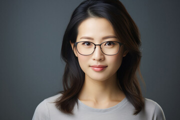 Portrait of young asian woman with eyeglasses on grey background. - obrazy, fototapety, plakaty