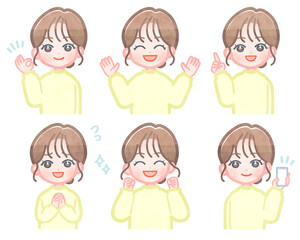 女性の明るい表情　イラストセット