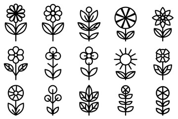 Flower icons set. Linear flower icons in flat style. Wildflowers and plants.