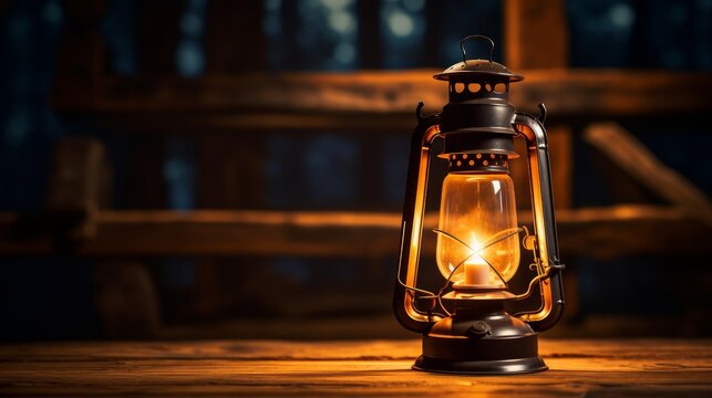 vintage lantern casting a warm golden glow on a wooden table  AI generated illustration
