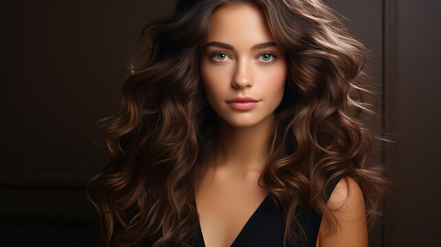beautiful woman with long curly curly hairstyle.