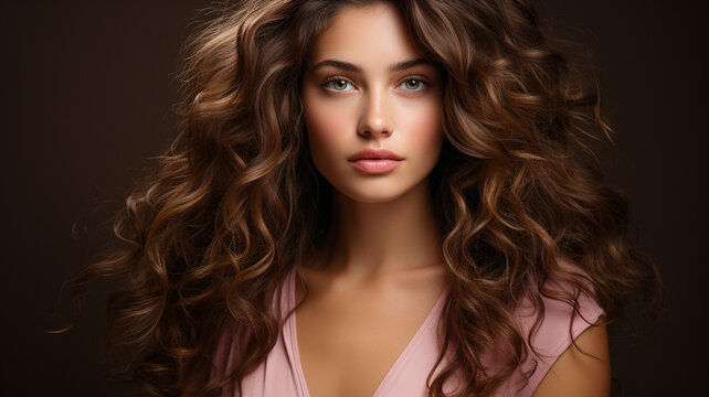beautiful woman with long curly curly hairstyle.