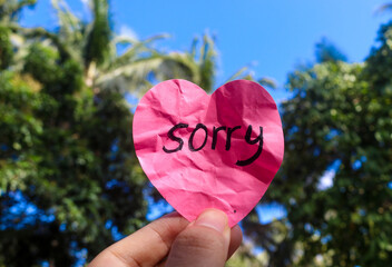 The word sorry written on a pink sticky note in the shape of a heart isolated on a blue sky...