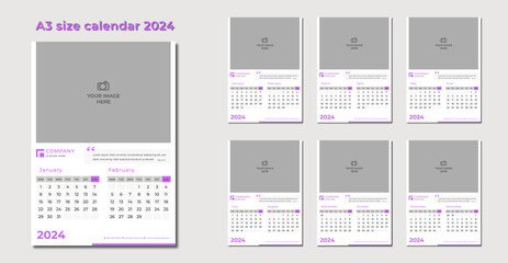 2024 A3 Calendar Planner Templates including spaces for a company logo and photo. Simple full page calendar in vector format with Monday as the start of the week. Special Quote written place added.