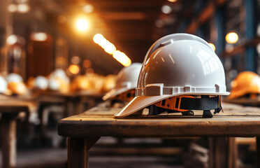 A hard hat sitting on top of a wooden table. Many hard hats on background. - Powered by Adobe