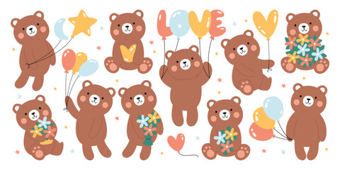 Fototapeta premium Cute teddy bears holding flower bouquets blossoms and balloons isolated set vector illustration