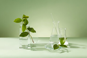 Table showcases fresh green tea leaves and glassware. R&D for vegan cosmetics enriched with green...