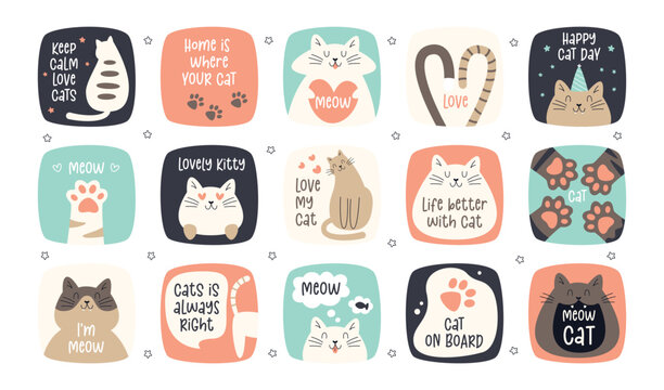 Fototapeta Cute cats characters with inscriptions isolated sticker, banner or greeting card design set
