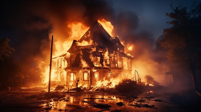 A burning building or house engulfed in flames