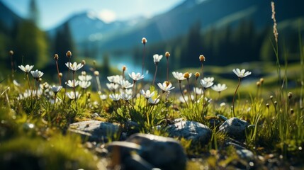 A sunlit closeup of an alpine meadow with grass - obrazy, fototapety, plakaty