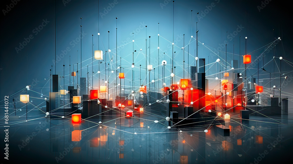 Poster abstract graphic of illuminated cubes and cylinders resembling urban architecture, interconnected by