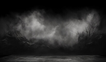 dark empty black wall and the forest in the mist - obrazy, fototapety, plakaty