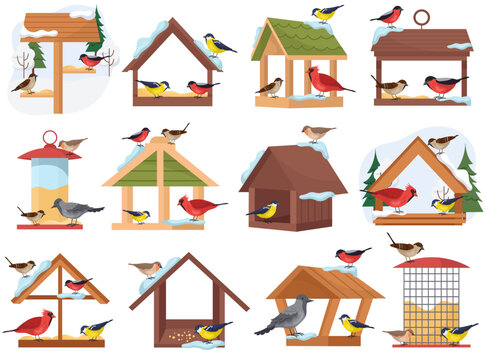 Wooden hanging wintering bird feeders and birdhouse isolated set vector illustration on white