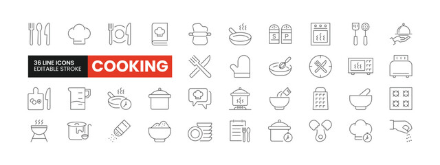Set of 36 Cooking line icons set. Cooking outline icons with editable stroke collection. Includes Cutlery, Chef, Barbeque, Toaster, Cooking Board, and More.