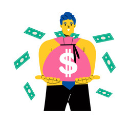 Business man carrying a big heavy sack full of cash. Flat vector illustration isolated on white background