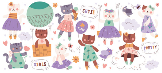 Cute kitty cats girls characters wearing pretty dress holding balloons, flying on cloud, playing