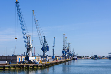 Fototapeta na wymiar Cranes in the port of Rotterdam, Europe's largest freight terminal