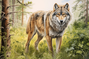 Obraz premium A wolf standing in the forest, drawn with colored pencils and in natural tones.