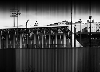 Grunge black and white stadium in Russia architecture backdrop