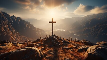 A Christian cross on top of a mountain with a shinin - obrazy, fototapety, plakaty