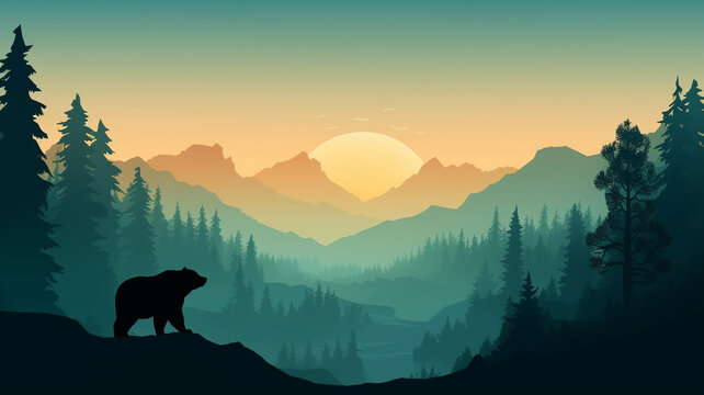 Silhouette of bear climb up hill. Tree in front, muntains and forest in background