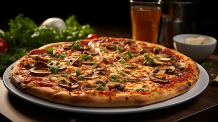 A pizza adorned with vegetables such as mushrooms