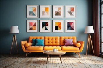 Interior of modern living room with orange sofa and pictures on wall. Elegant Luxury Interior of Living Room of a Rich House.